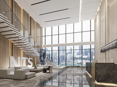 Luxurious Lobby Interior With Marble Flooring Large Windows Staircase Reception Desk And City View 3d model