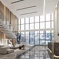 Luxurious Lobby Interior With Marble Flooring Large Windows Staircase Reception Desk And City View