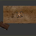 Vintage Red Cabinet With Orange Camera And Brown Suitcase On Wooden Tabletop