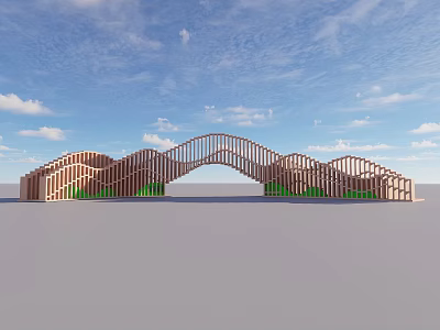 Exhibition Entrance With Wooden Arched Structure Green Accents And Blue Sky With Clouds 3d model