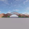 Exhibition Entrance With Wooden Arched Structure Green Accents And Blue Sky With Clouds