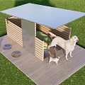 Wooden Dog House With Tilted Roof And Platform For Dogs In Grassy Area