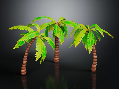 Three Green Leaf Palm Trees With Brown Textured Trunks On Dark Background 3d model