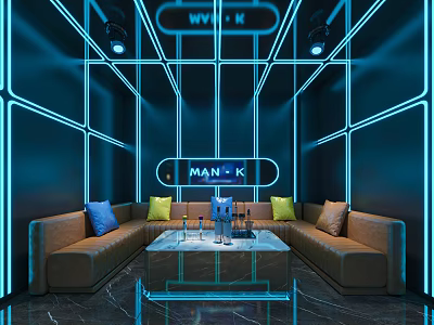 Modern KTV Room Interior With Blue Neon Lights Leather Sofas And Coffee Table 3d model
