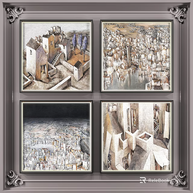 Set of Four Oil Paintings Featuring Urban Cityscapes And Architectural Scenes 3d model 