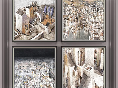 Set of Four Oil Paintings Featuring Urban Cityscapes And Architectural Scenes 3d model
