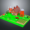 Natural Farm Scene With Red Barn White Windmill Green Field Animals And Wooden Fence