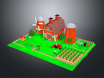 Natural Farm Scene With Red Barn White Windmill Green Field Animals And Wooden Fence 3d model