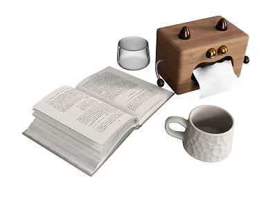 Ornamental Decor Combination With Open Book White Mug Tissue Box And Silver Container 3d model