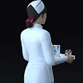 Woman Nurse in White Uniform Holding Tray with Medicine Bottles and Boxes