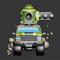 Green Toy Car Featuring Cannon And Equipment On Roof In Cartoon Design