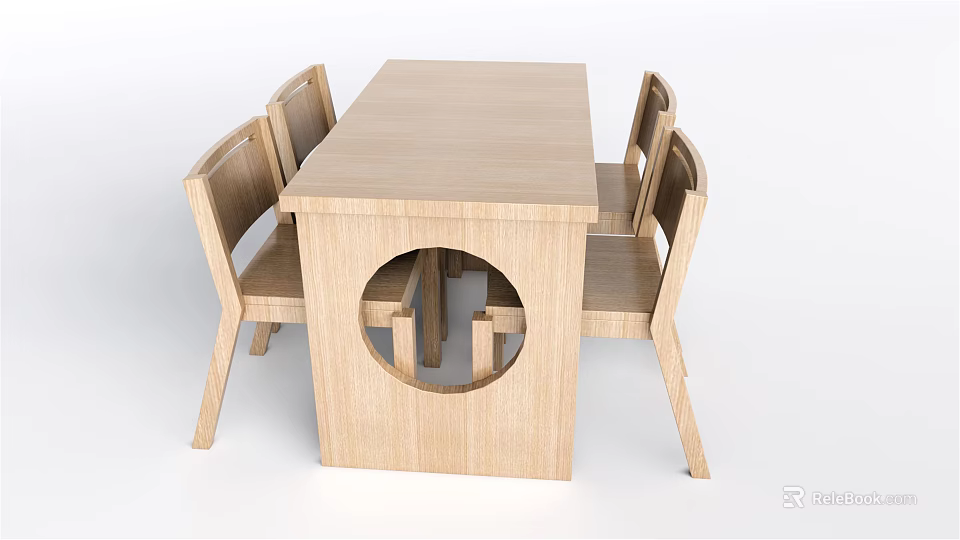 Natural Wooden Dining Table Set with Rectangular Top Circular Cutout and Four Chairs 3d model