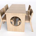 Natural Wooden Dining Table Set with Rectangular Top Circular Cutout and Four Chairs 3d model
