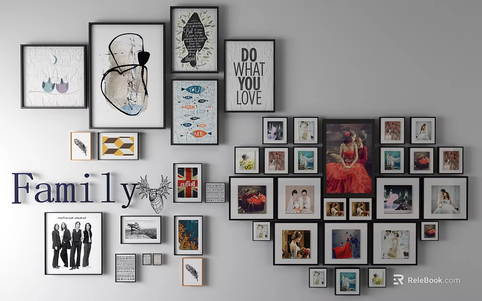 Photo Wall Collage With Mixed Frames Family Photos Artwork And Inspirational Quotes 3d model 