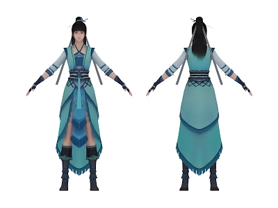 Ancient Style Female Character With Blue Robe Long Hair Traditional Costume And Classic Design 3d model