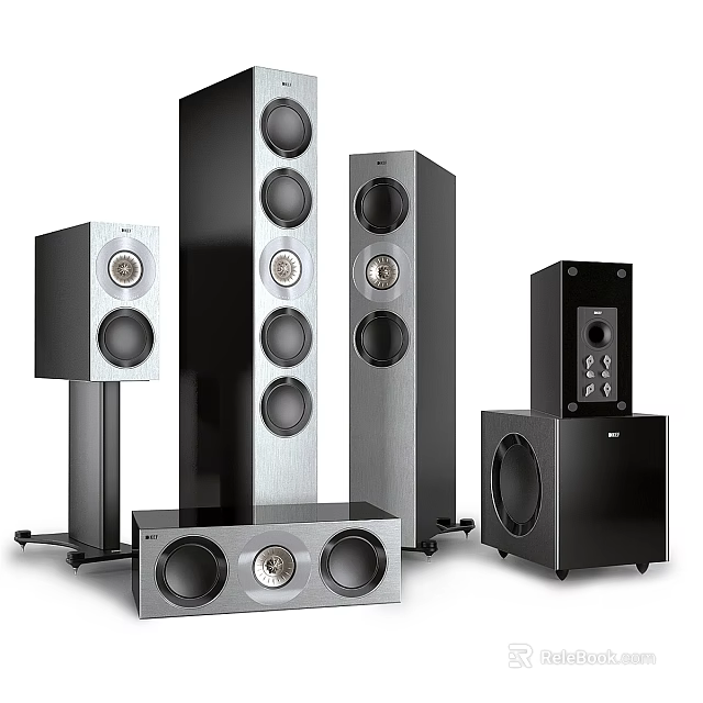 Premium Home Audio Speaker System With Floor Standing Bookshelf Subwoofer And Center Speakers 3d model 