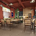 Modern Restaurant Interior With Red Walls Green Chairs Wooden Tables And Potted Plants