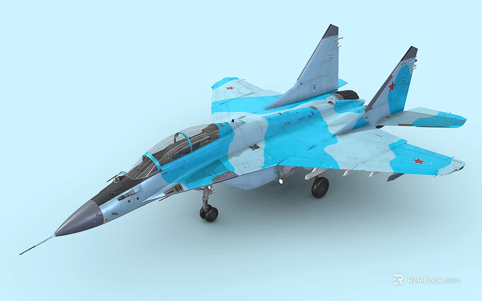 Blue And White Camouflage Fighter Jet With Cockpit Red Star Markings And Landing Gear 3d model 