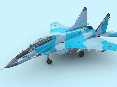 Blue And White Camouflage Fighter Jet With Cockpit Red Star Markings And Landing Gear 3d model