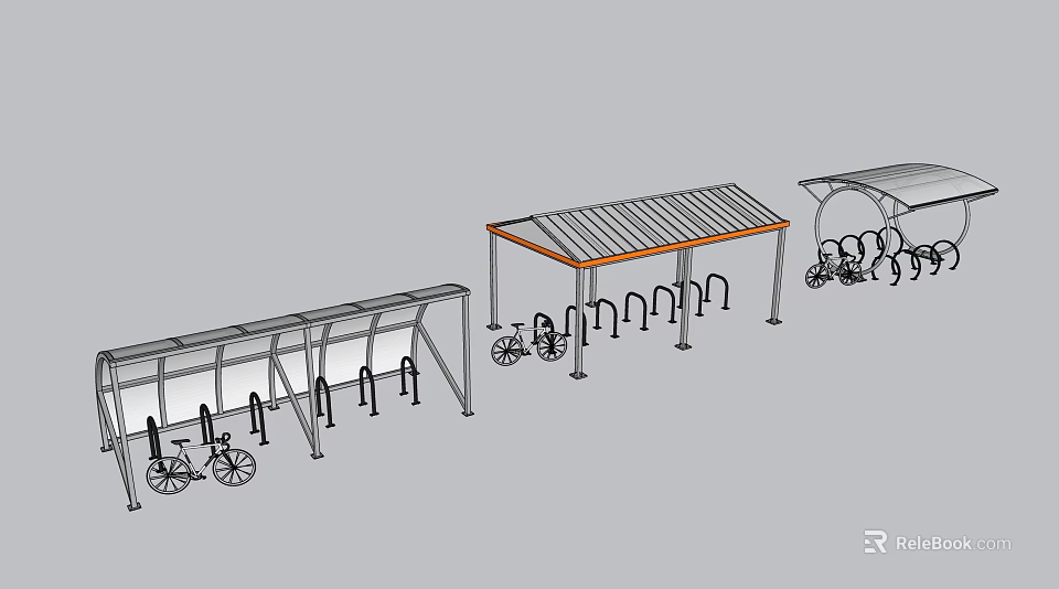 Outdoor Bicycle Parking Shelters With Metal Racks And Parked Bicycles 3d model 