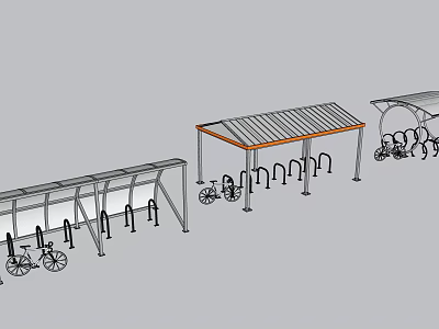 Outdoor Bicycle Parking Shelters With Metal Racks And Parked Bicycles 3d model