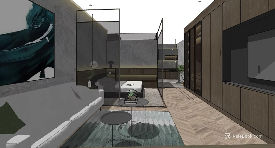 Modern Hotel Guest Room Interior With Bed Sofa Coffee Table And Decorative Rug 3d model 