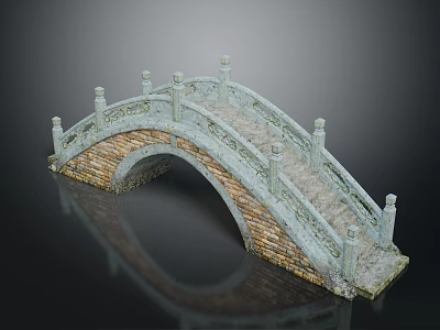 Traditional Stone Arch Bridge With Ornamental Pillars And Reflected Stone Steps 3d model