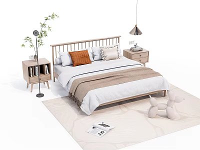 Modern Double Bed with Wooden Headboard Minimalist Bedding Nightstands Floor Lamp Green Plant and Rug 3d model