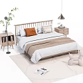 Modern Double Bed with Wooden Headboard Minimalist Bedding Nightstands Floor Lamp Green Plant and Rug