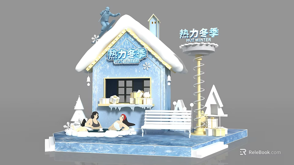 Winter Themed Art Installation With Blue House Hot Spring Pool And Snowman Decorations 3d model 