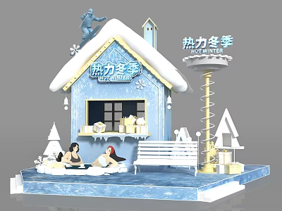 Winter Themed Art Installation With Blue House Hot Spring Pool And Snowman Decorations 3d model