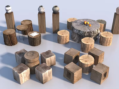 Natural Wooden Stools With Various Shapes Including Cylindrical Square And Tree Stump Designs 3d model