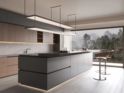 Modern Kitchen Interior With Wooden And Gray Cabinets Island Counter Hanging Lights And Scenic View 3d model