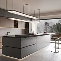 Modern Kitchen Interior With Wooden And Gray Cabinets Island Counter Hanging Lights And Scenic View
