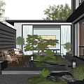Modern Courtyard Garden with Water Feature Stone Path Greenery Outdoor Seating and Glass Windows