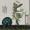 Indoor Art Installation With Green Umbrella Bamboo Calligraphy And Green Plants