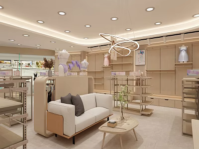 Modern Stylish Clothing Store Interior With Display Racks Sofa And Elegant Lighting 3d model
