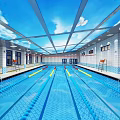 Indoor Swimming Pool With Blue Ceiling Cloud Patterns White Tile Walls And Lane Lines