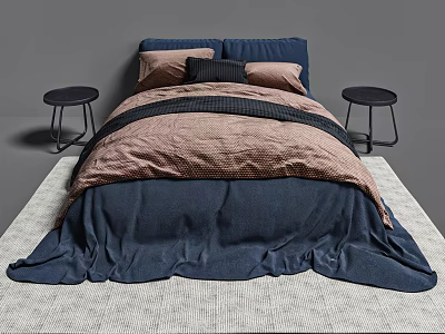 Modern Double Bed with Blue Brown Bedding Pillows and Black Side Tables on Light Rug 3d model