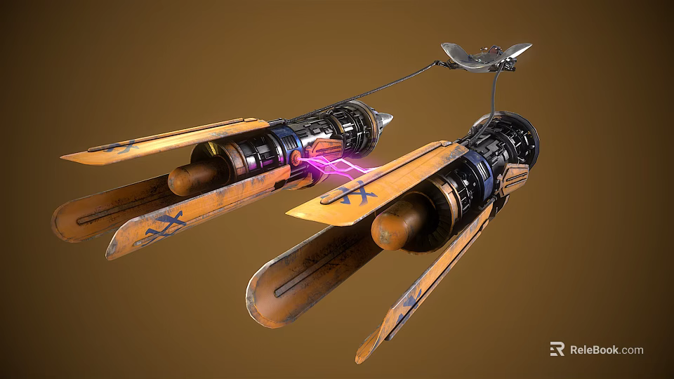 Futuristic Sci Fi Flying Vehicle With Yellow Wing Structures Black Mechanical Engines And Purple Electric Currents 3d model 