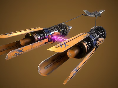 Futuristic Sci Fi Flying Vehicle With Yellow Wing Structures Black Mechanical Engines And Purple Electric Currents 3d model