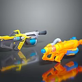 Toy Water Guns Yellow And Orange With Blue Components On Black Background Reflective Surface Design
