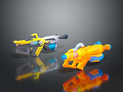 Toy Water Guns Yellow And Orange With Blue Components On Black Background Reflective Surface Design 3d model