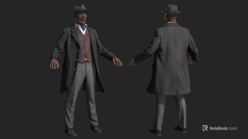 Man in Long Coat Vest and Hat with Front and Back View 3d model 
