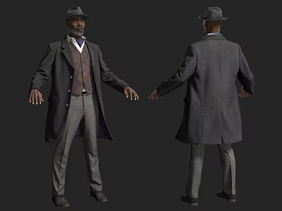 Man in Long Coat Vest and Hat with Front and Back View 3d model