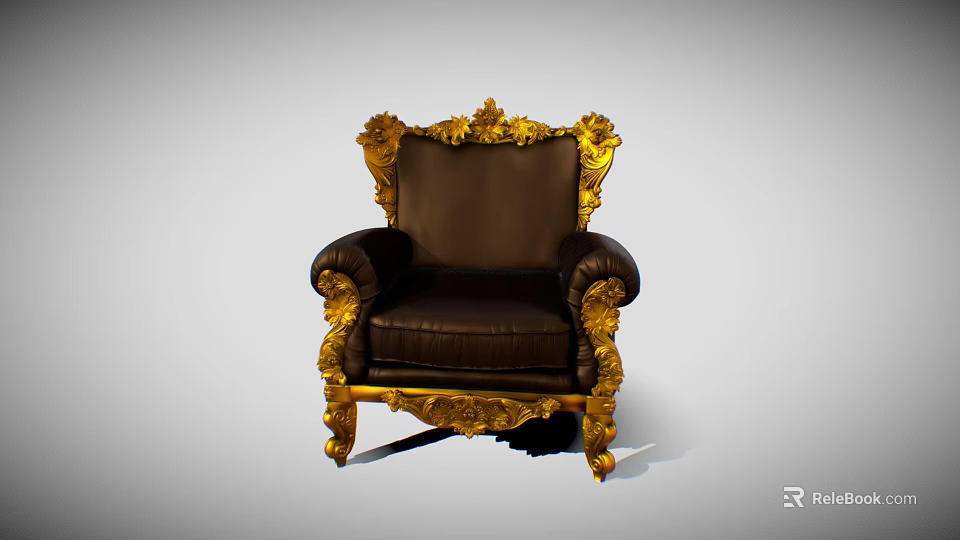 Ornate Single Sofa Featuring Golden Carved Details And Brown Leather Upholstery 3d model 