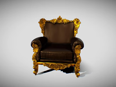 Ornate Single Sofa Featuring Golden Carved Details And Brown Leather Upholstery 3d model