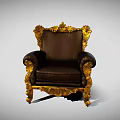 Ornate Single Sofa Featuring Golden Carved Details And Brown Leather Upholstery