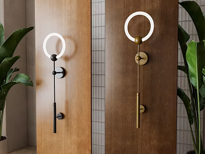 Modern Black and Gold Wall Lights with Round Shade on Wooden Wall and Green Plants 3d model