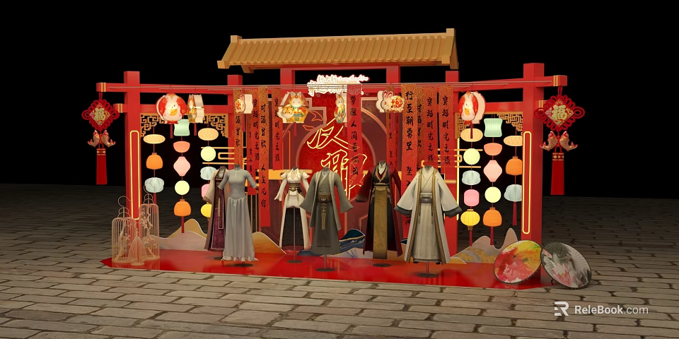 Chinese Traditional Hanfu Display Scene With Red Decorations And Lanterns 3d model